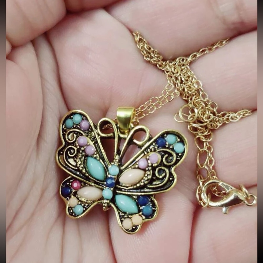 Vintage Multi-Turquoise Butterfly Gold Over Sterling Silver 4.00 ctw Necklace - Picture 7 of 12